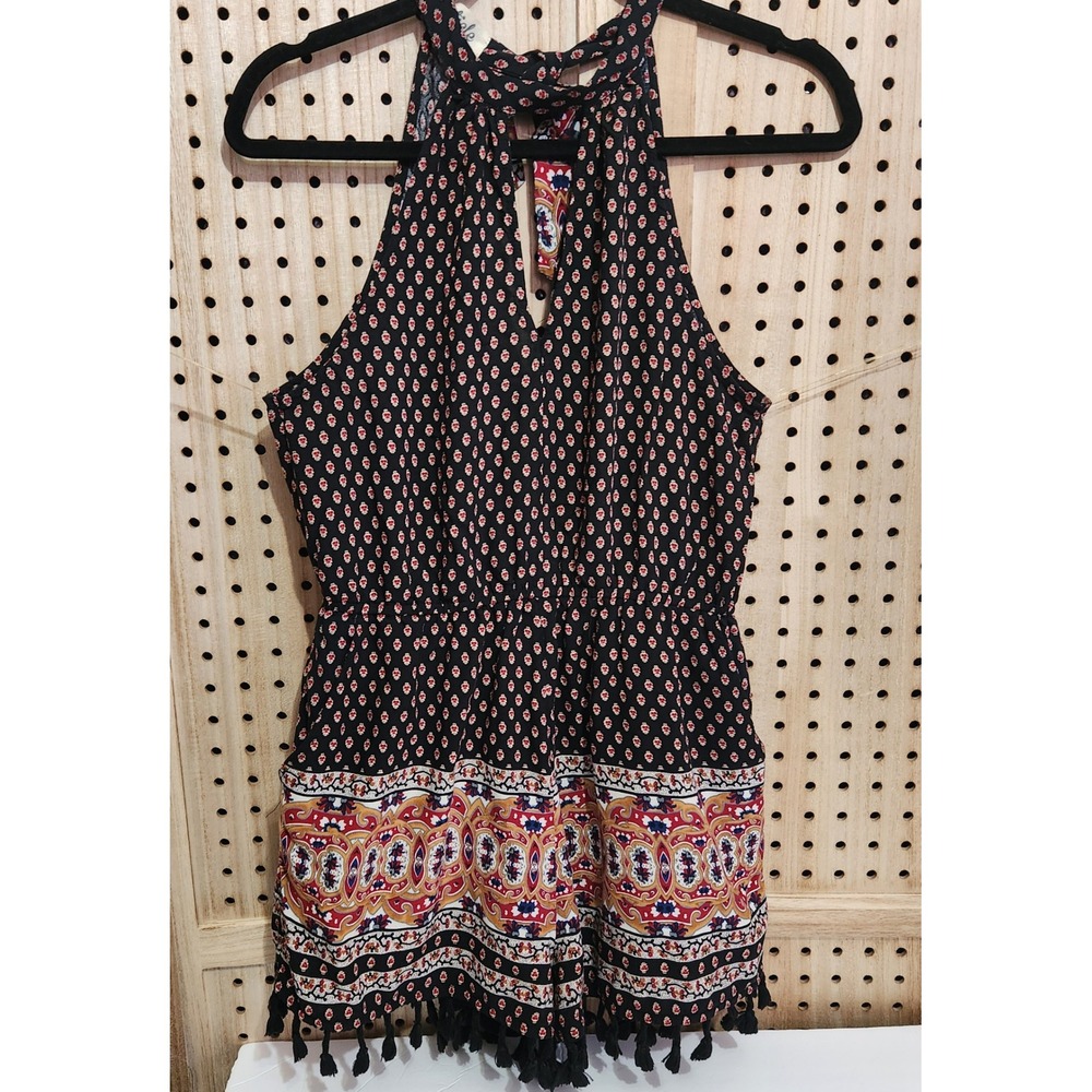 Womens Halter Romper Black Red Paisley Print Tassel Bottom Boho Festival